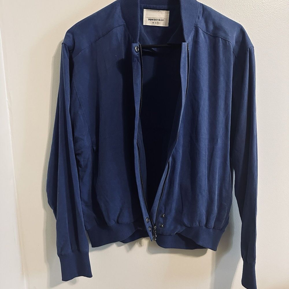 Paper denim cloth Bomber Jacket Zip Up Blue Medium‎ Y2K Soft With Pockets